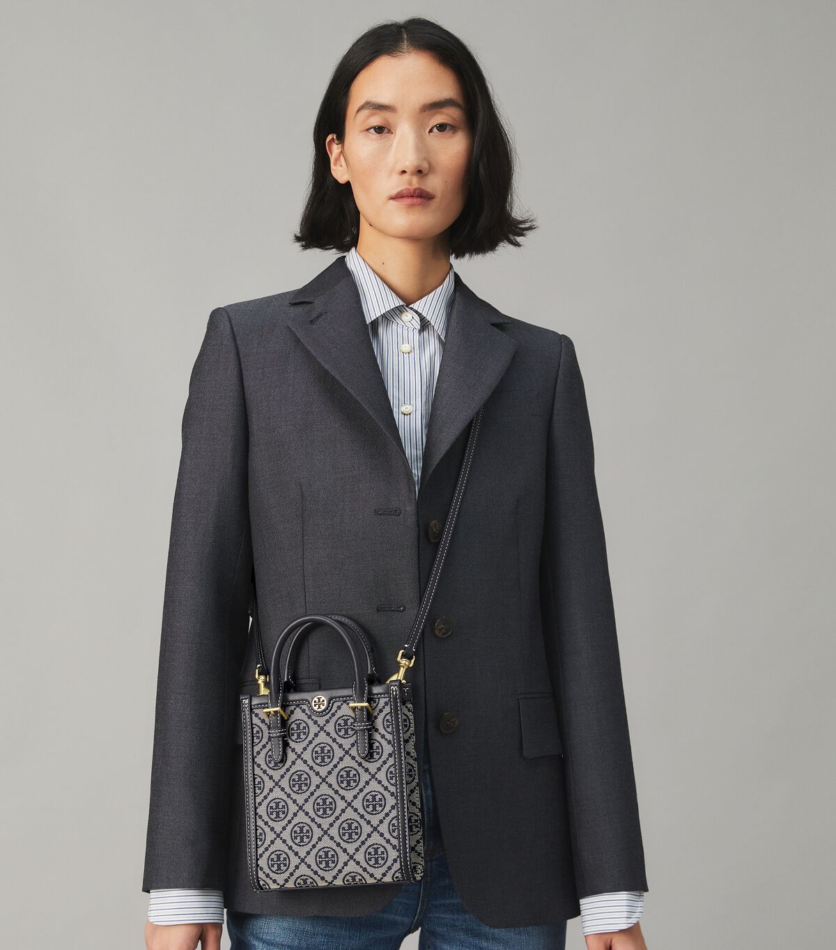 Tory Burch Navy Mini T Monogram Tote Bags