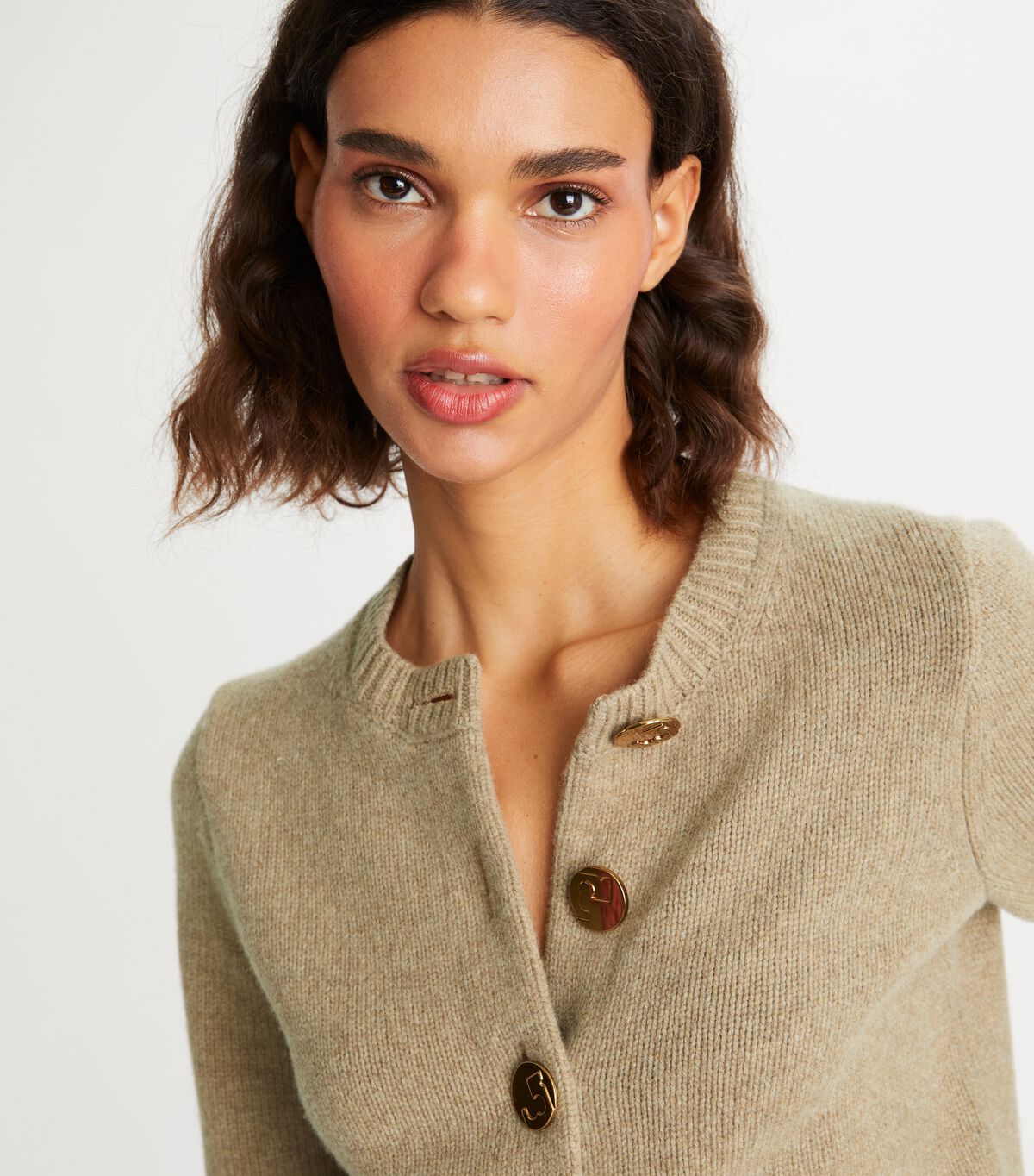 Tory Burch Beige Logo Button Wool Cardigan