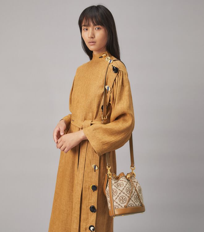 Tory Burch Brown T Monogram Jacquard Bucket Bags