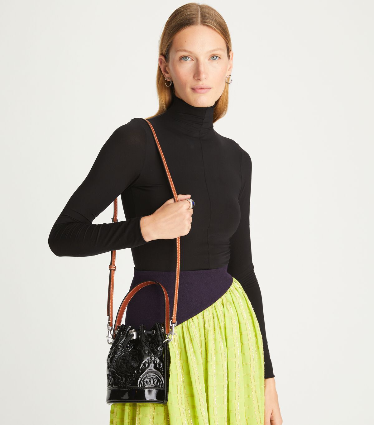Tory Burch Black Mini T Monogram Embroidered Patent Bucket Bags
