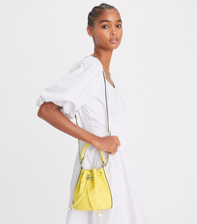 Tory Burch Lemon / White Mini Fleming Soft Patent Border Bucket Bags
