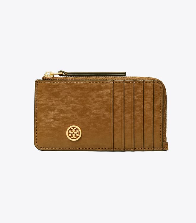 Tory Burch Brown Robinson Top-zip Card Case