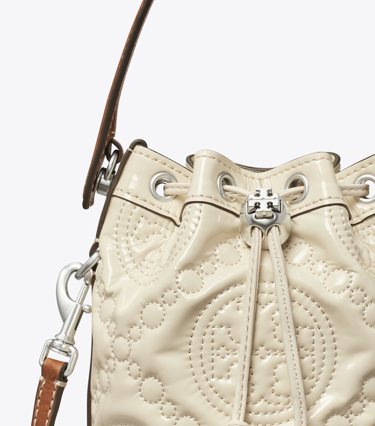 Tory Burch Light Cream Mini T Monogram Embroidered Patent Bucket Bags