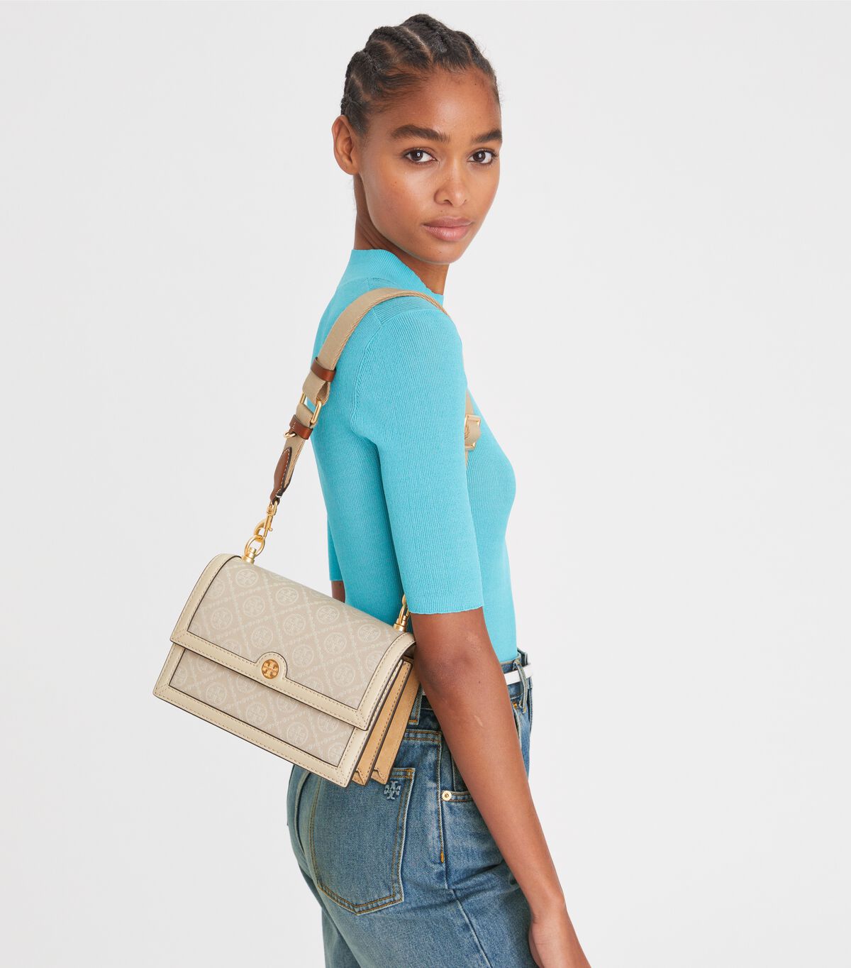 Tory Burch Beige Small T Monogram Shoulder Bags
