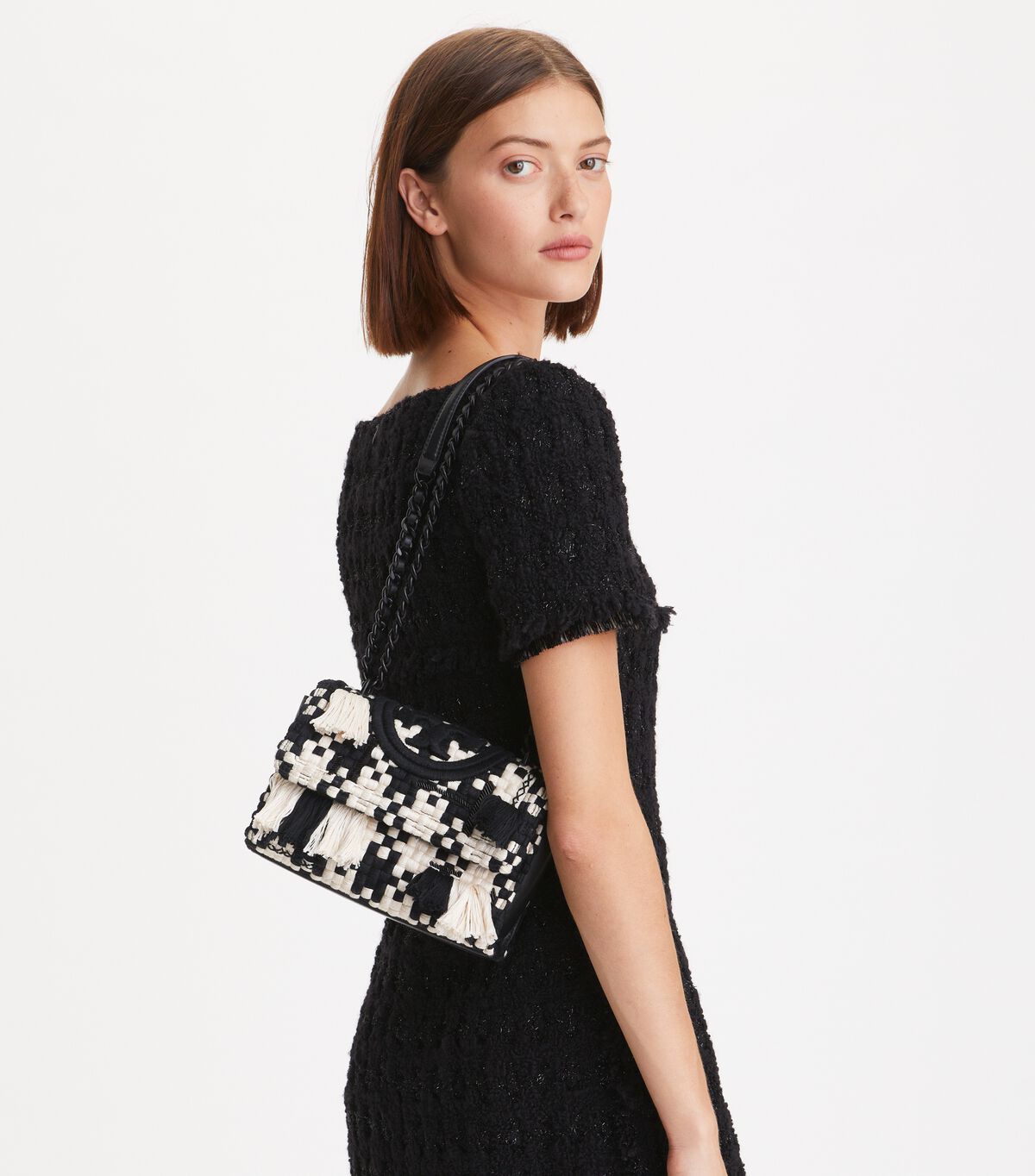 Tory Burch Black / White Small Fleming Tweed Convertible Shoulder Bags
