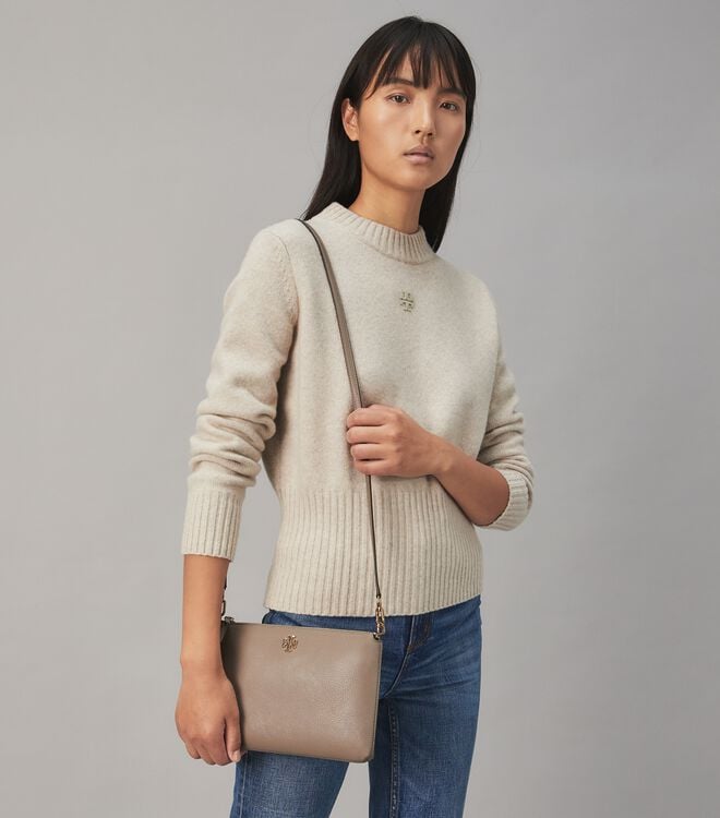 Tory Burch Grey Mercer Pebbled Zip Crossbody Bags