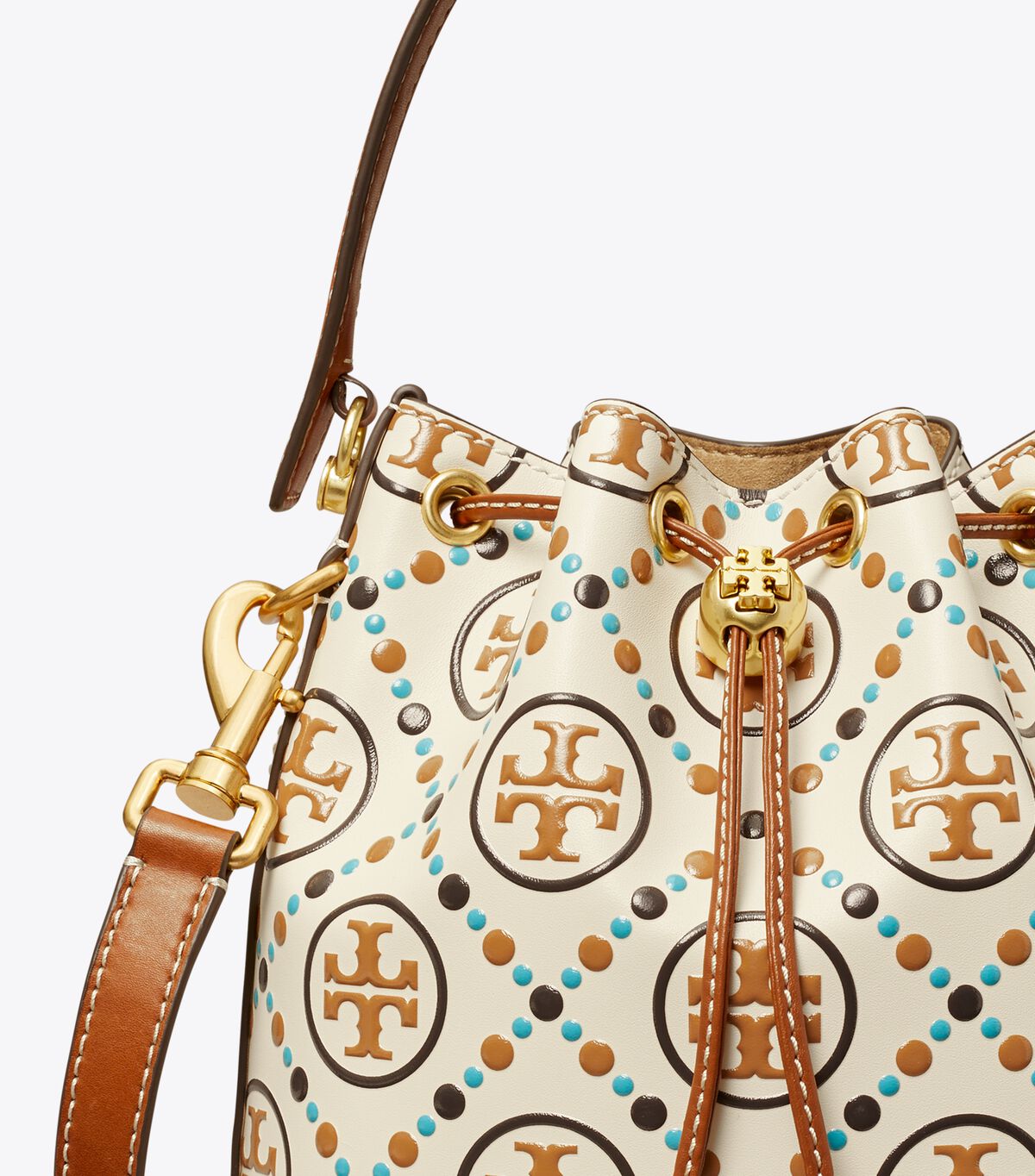 Tory Burch White T Monogram Contrast Embossed Bucket Bags