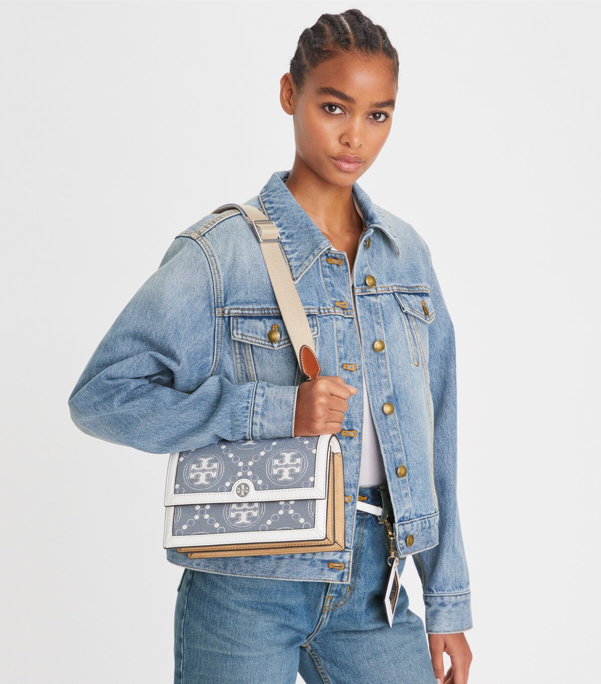 Tory Burch Blue Small T Monogram Denim Shoulder Bags