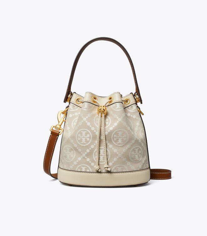 Tory Burch Beige T Monogram Bucket Bags