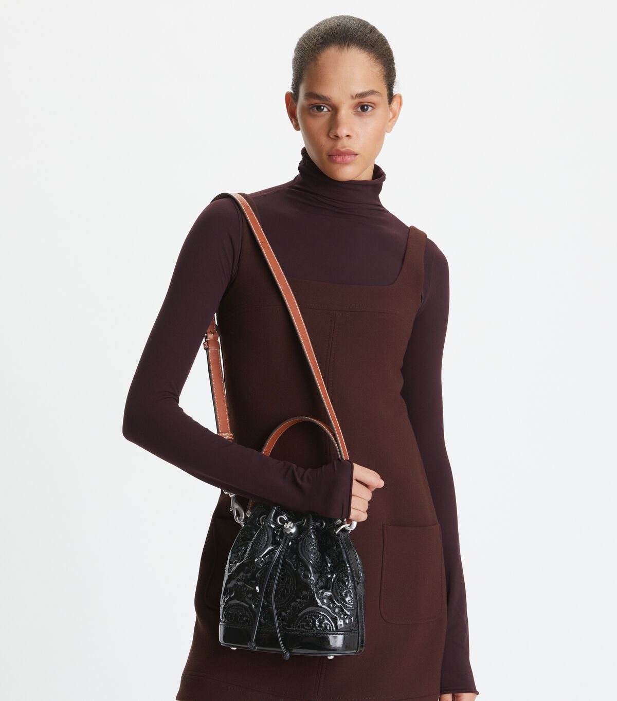 Tory Burch Black T Monogram Embroidered Patent Bucket Bags