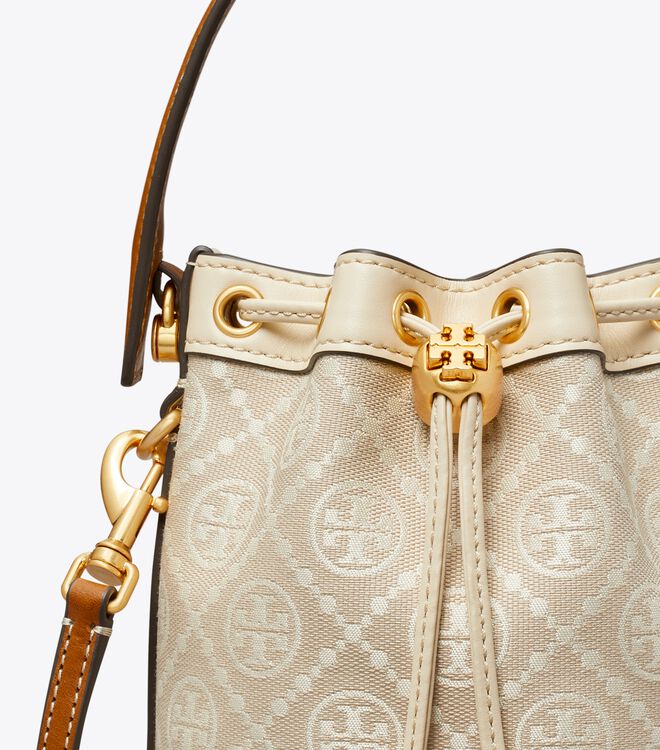 Tory Burch Beige Mini T Monogram Bucket Bags