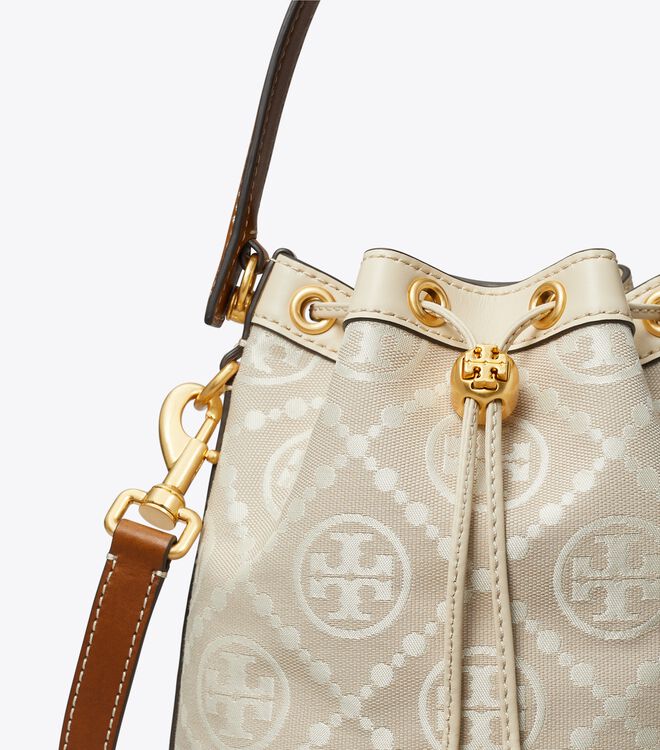 Tory Burch Beige T Monogram Bucket Bags