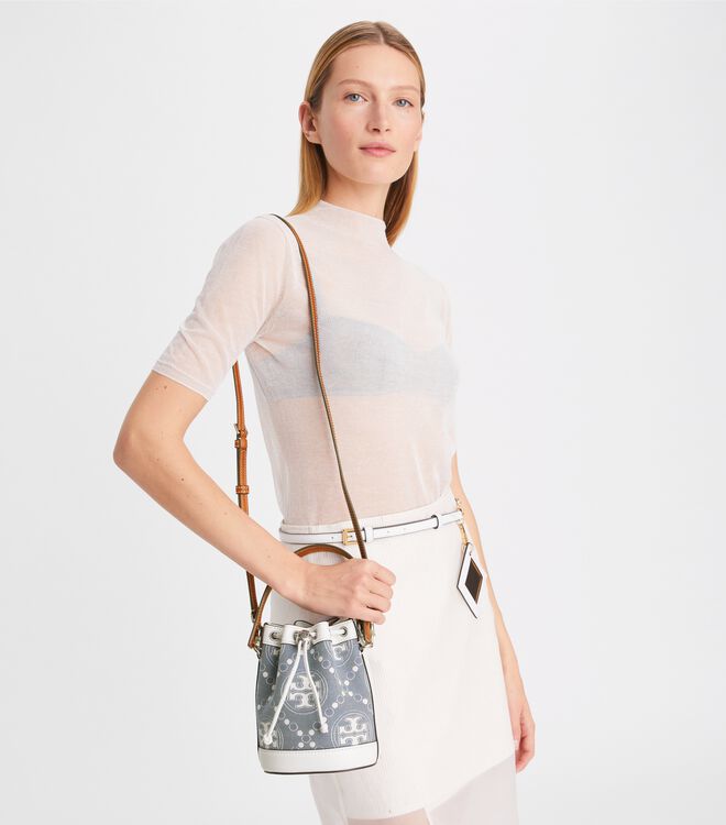 Tory Burch Blue Mini T Monogram Denim Bucket Bags