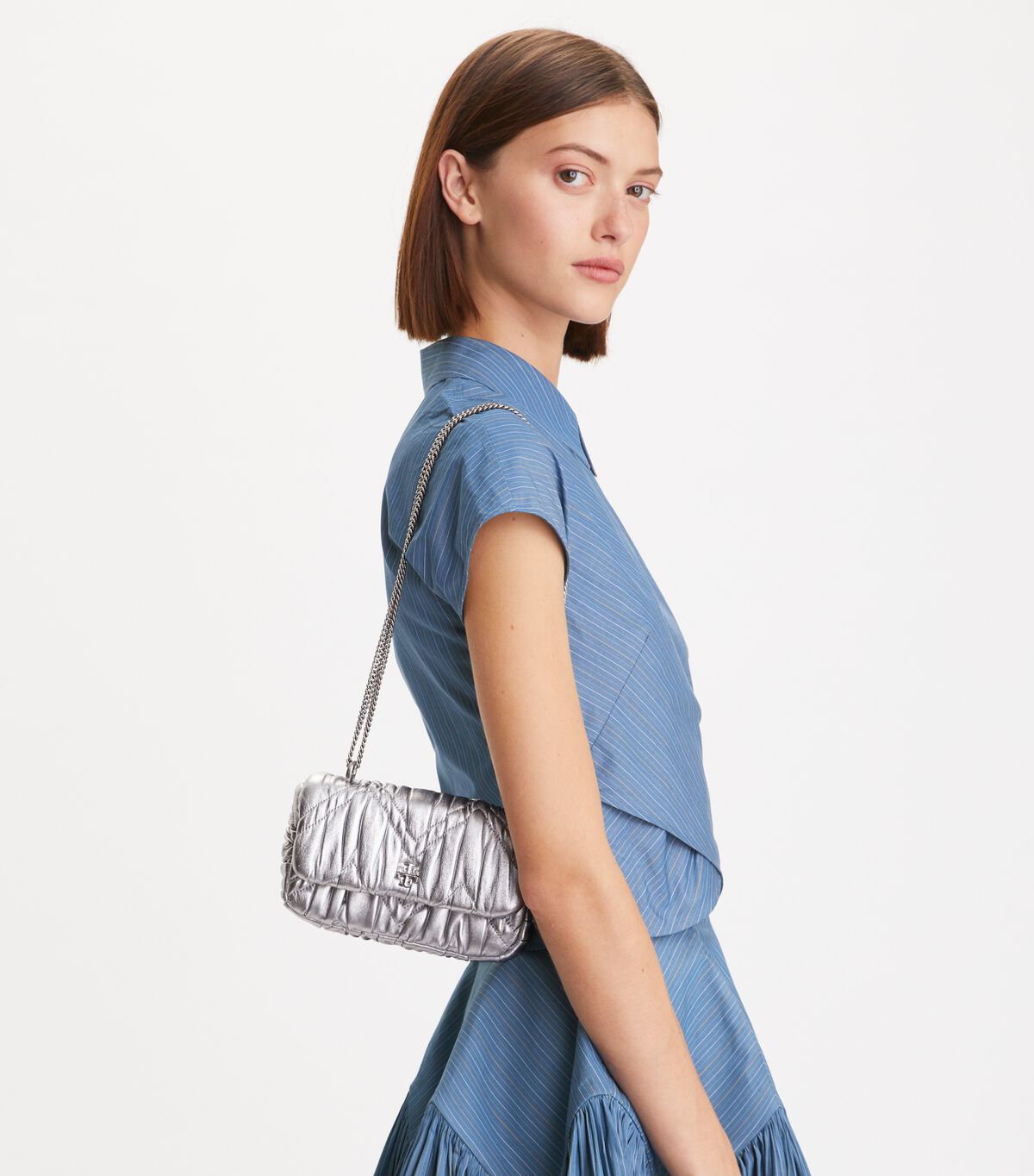 Tory Burch Silver Kira Metallic Diamond Ruched Mini Bag