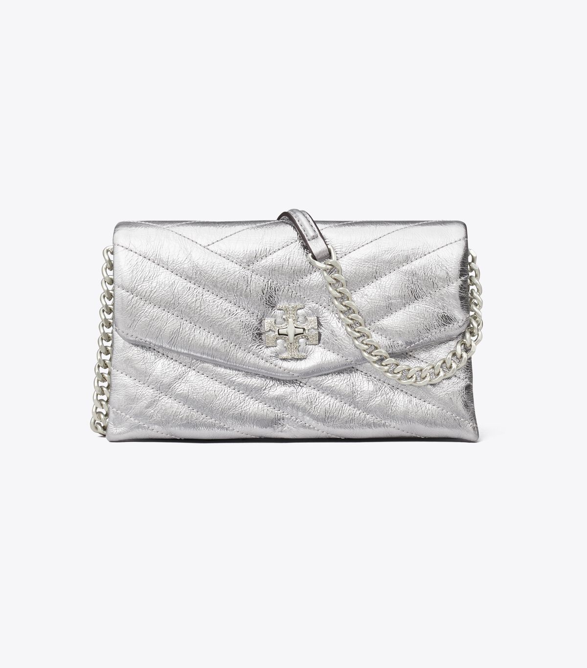 Tory Burch Silver Kira Chevron Metallic Pave Logo Crossbody Bags