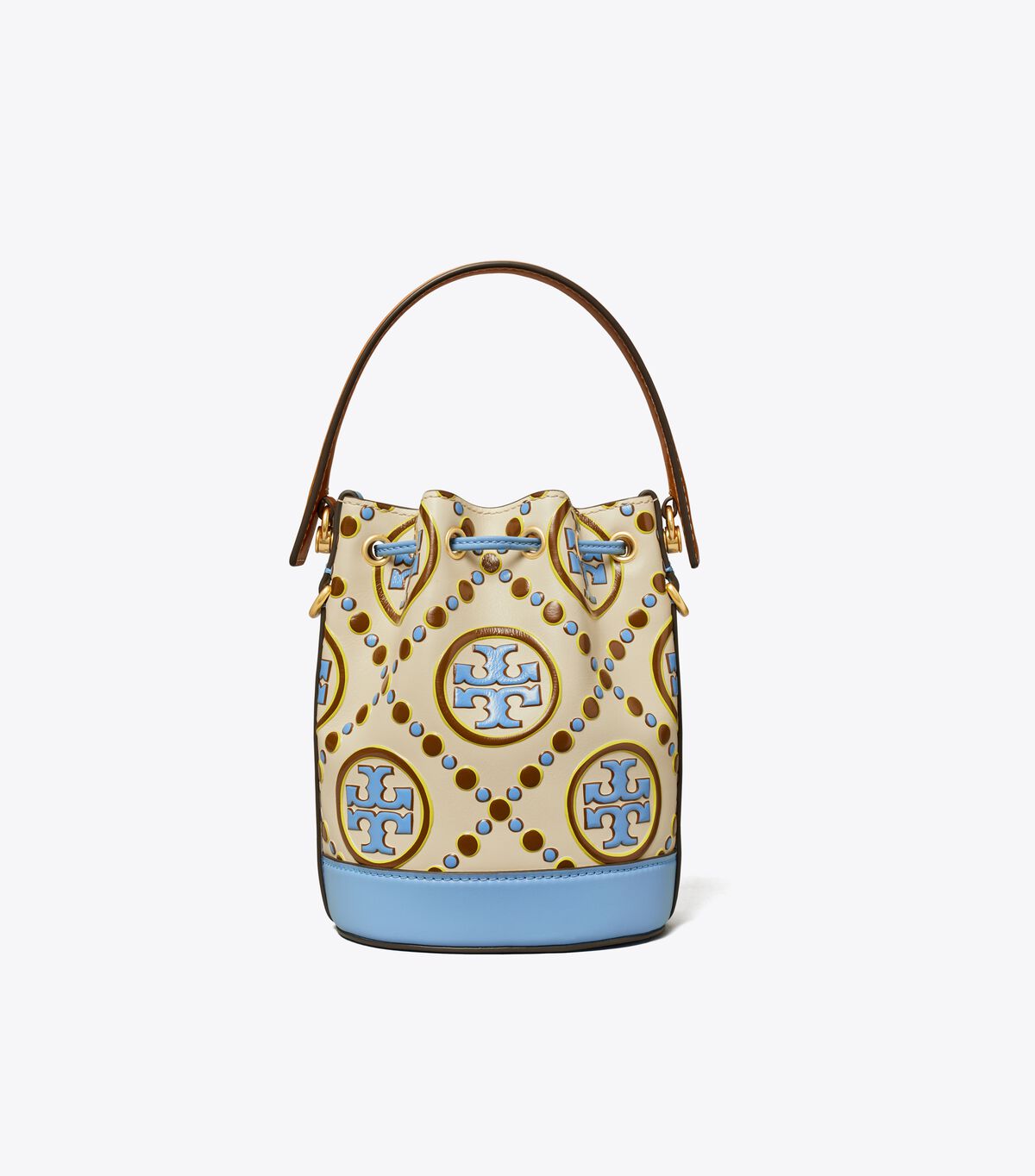 Tory Burch White / Blue Mini T Monogram Contrast Embossed Bucket Bags