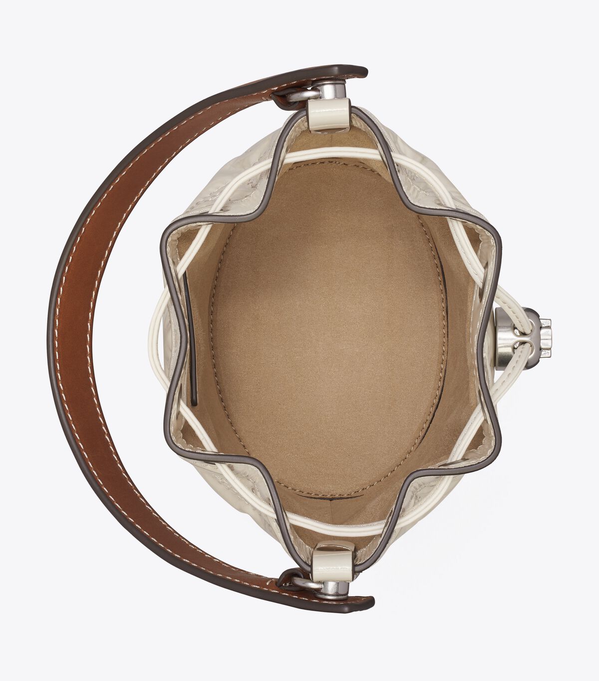 Tory Burch Light Cream Mini T Monogram Embroidered Patent Bucket Bags