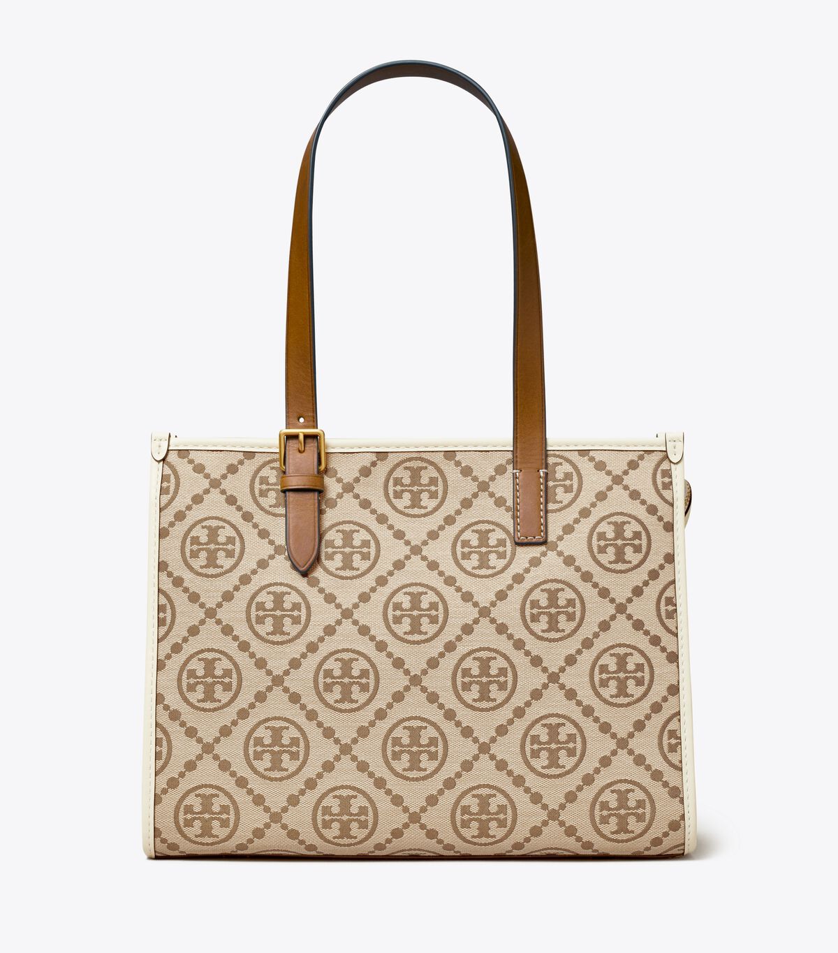 Tory Burch Brown / White Small T Monogram Tote Bags