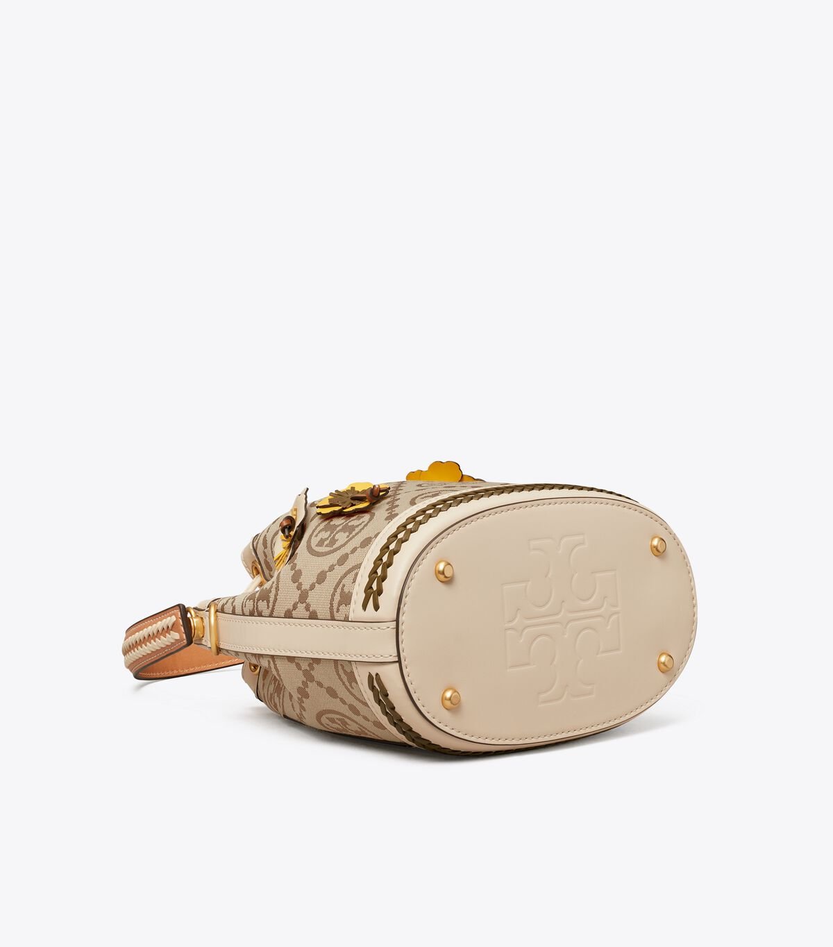 Tory Burch Brown T Monogram Braided Floral Bucket Bags