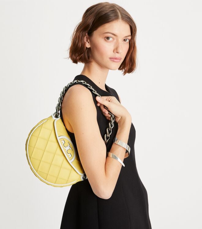 Tory Burch Lemon / White Mini Fleming Soft Patent Border Shoulder Bags