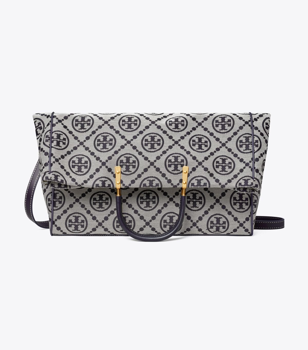 Tory Burch Navy T Monogram Jacquard Foldover Tote Bags