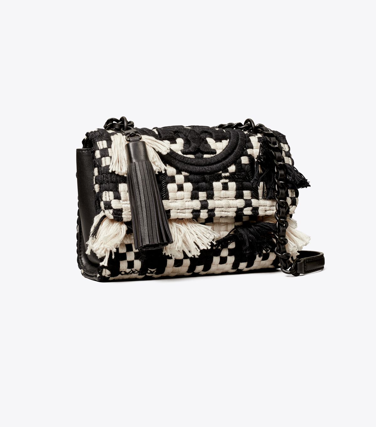 Tory Burch Black / White Small Fleming Tweed Convertible Shoulder Bags