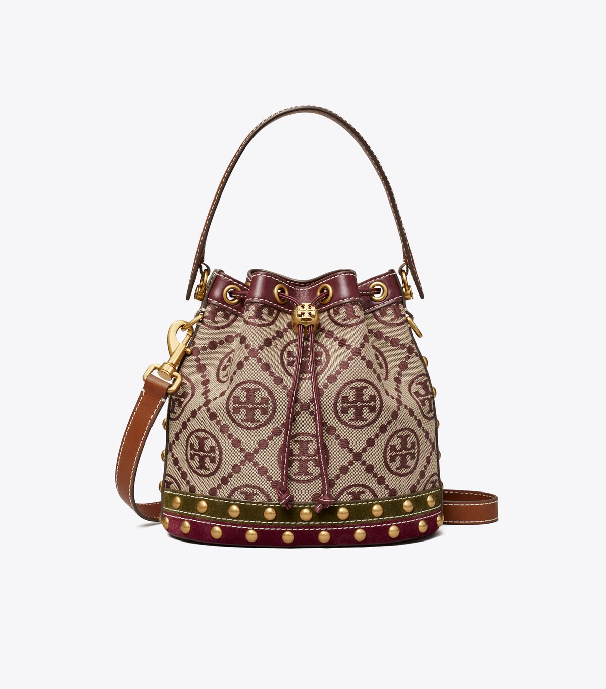 Tory Burch Claret T Monogram Jacquard Studded Bucket Bags