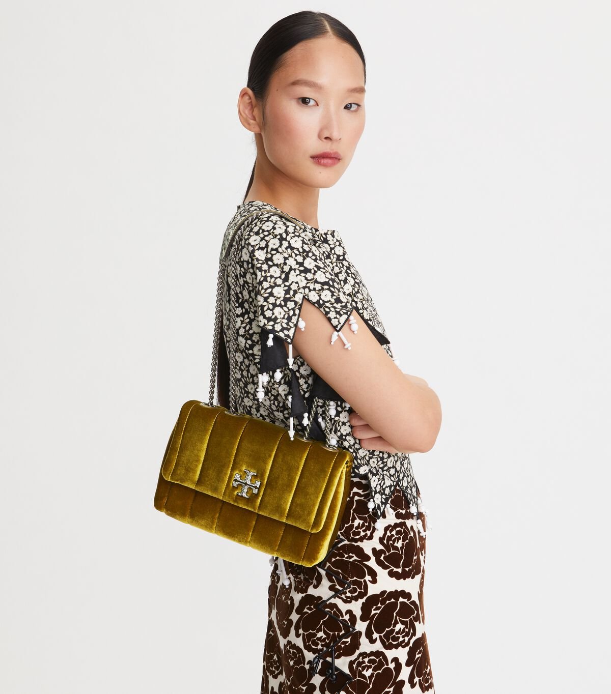 Tory Burch Dark Yellow Small Kira Velvet Convertible Shoulder Bags