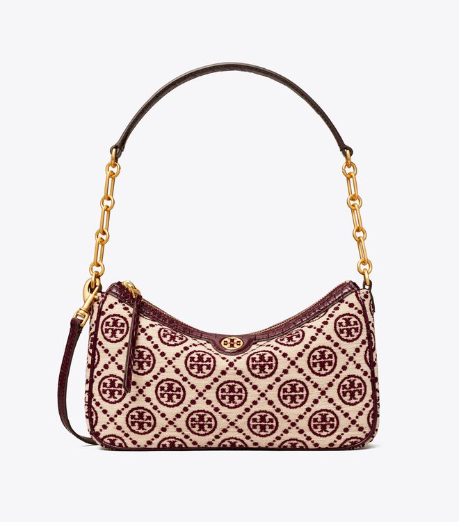 Tory Burch Claret / Cream T Monogram Chenille Shoulder Bags
