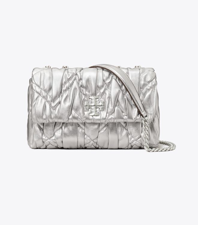Tory Burch Silver Small Kira Metallic Diamond Ruched Convertible Shoulder Bags