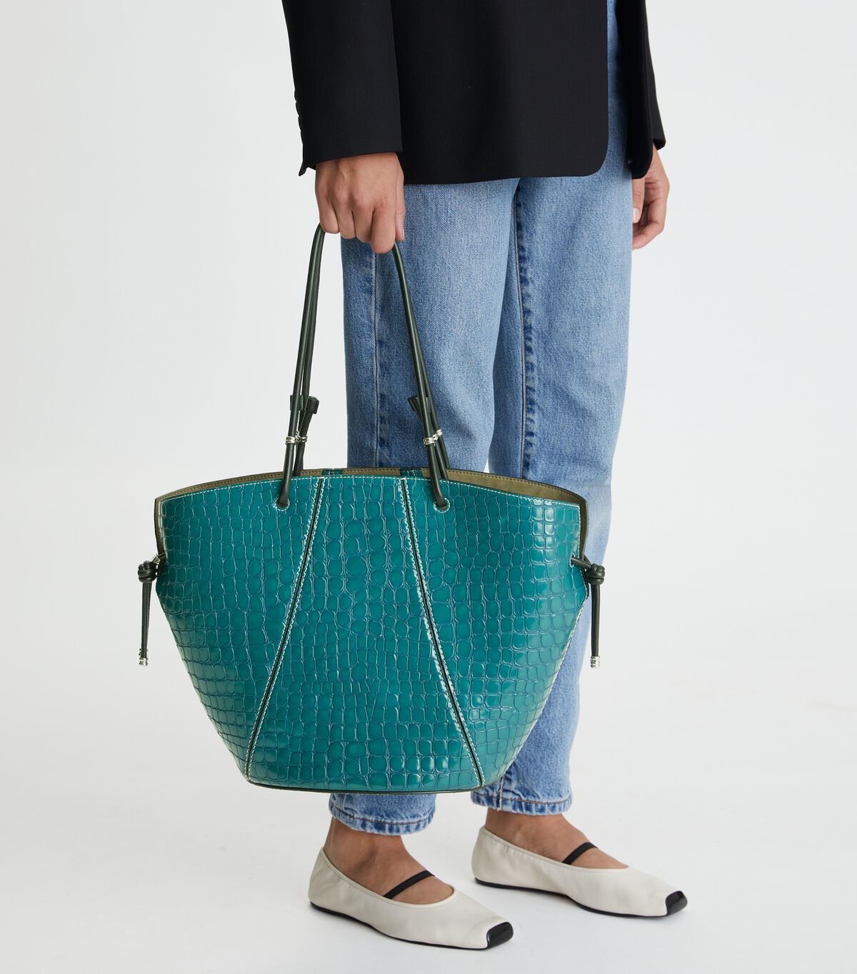 Tory Burch Turquoise Spaghetti Strap Embossed Tote Bags