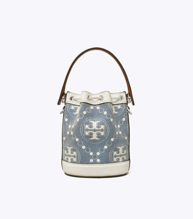 Tory Burch Blue Mini T Monogram Denim Bucket Bags