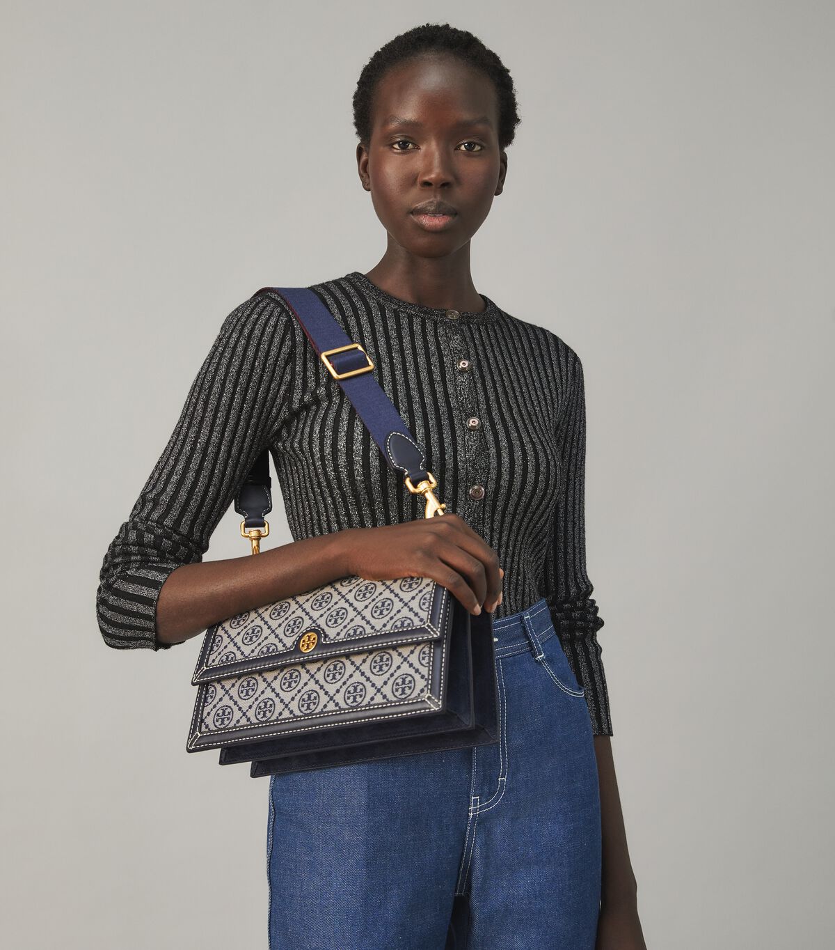 Tory Burch Navy T Monogram Shoulder Bags