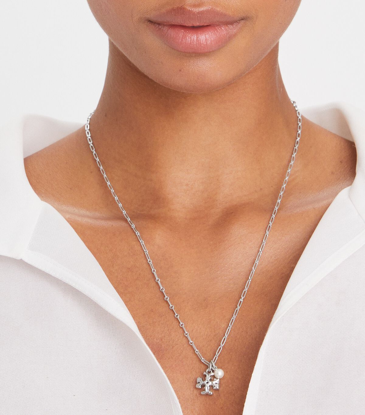Tory Burch Silver / Cream Thin Roxanne Pendant Necklace