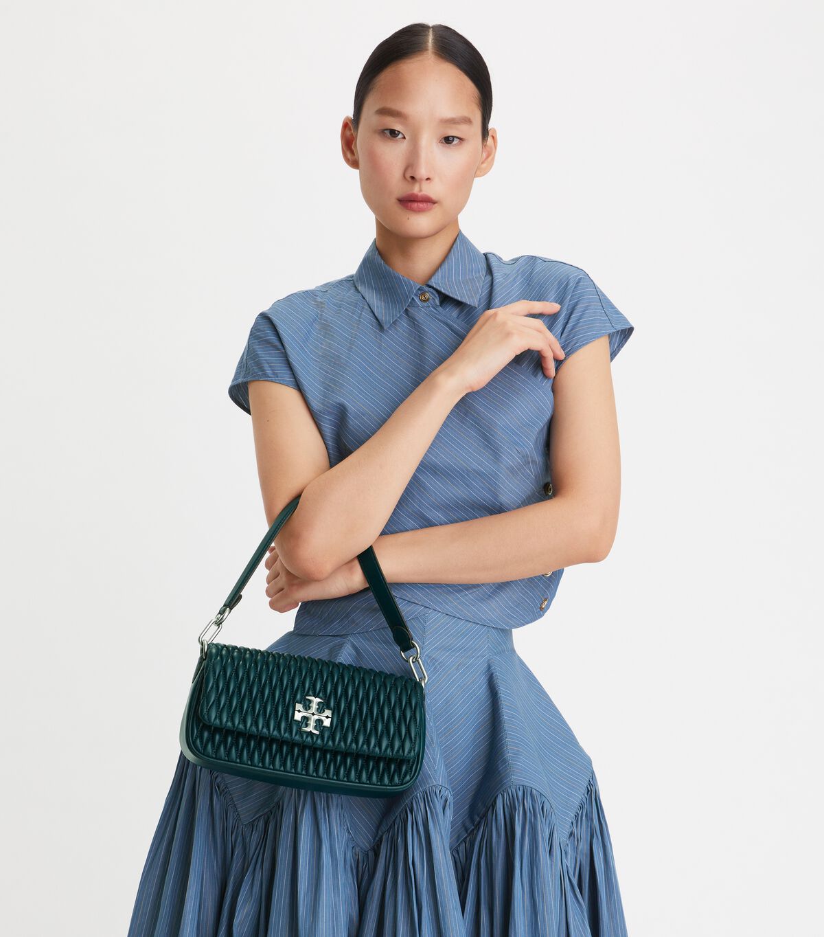 Tory Burch Dark Turquoise Small Kira Ruched Flap Shoulder Bags