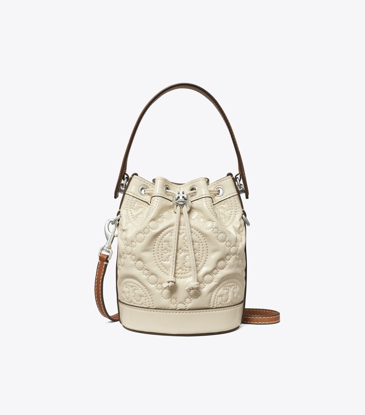 Tory Burch Light Cream Mini T Monogram Embroidered Patent Bucket Bags
