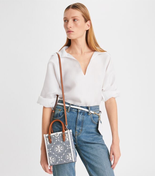 Tory Burch Blue Mini T Monogram Denim Tote Bags