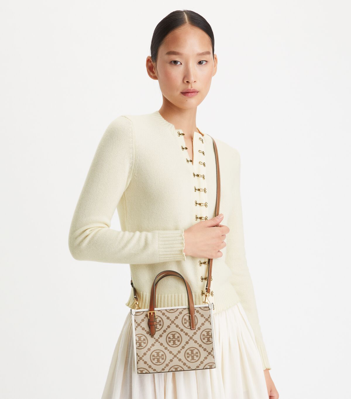 Tory Burch Brown / White Mini T Monogram Square Tote Bags