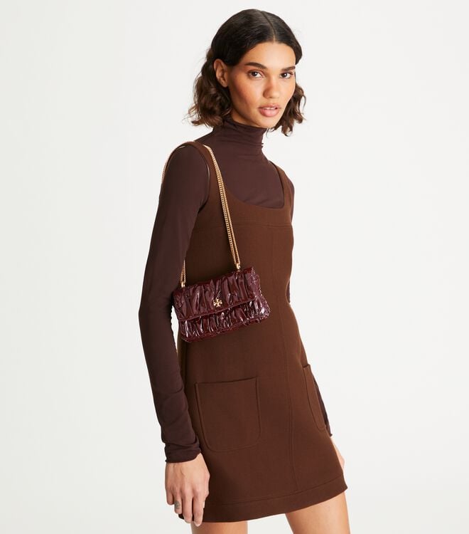 Tory Burch Burgundy Mini Kira Patent Ruched Shoulder Bags