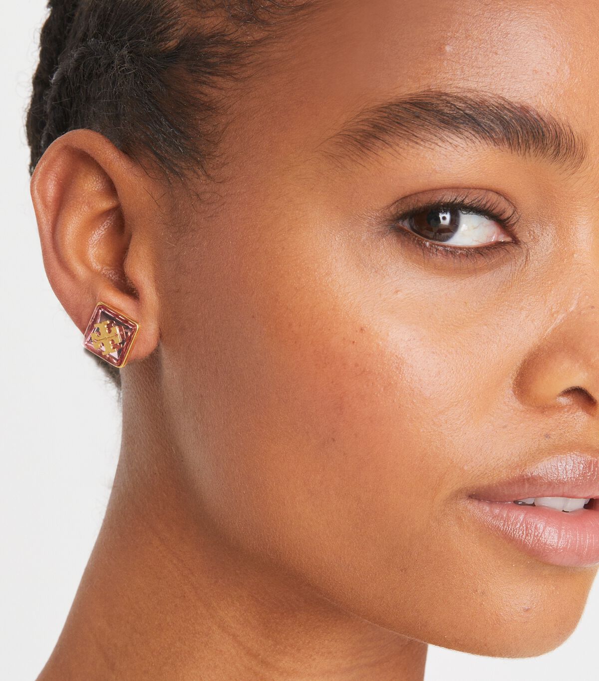 Tory Burch Gold / Pink Resin Logo Stud Earrings