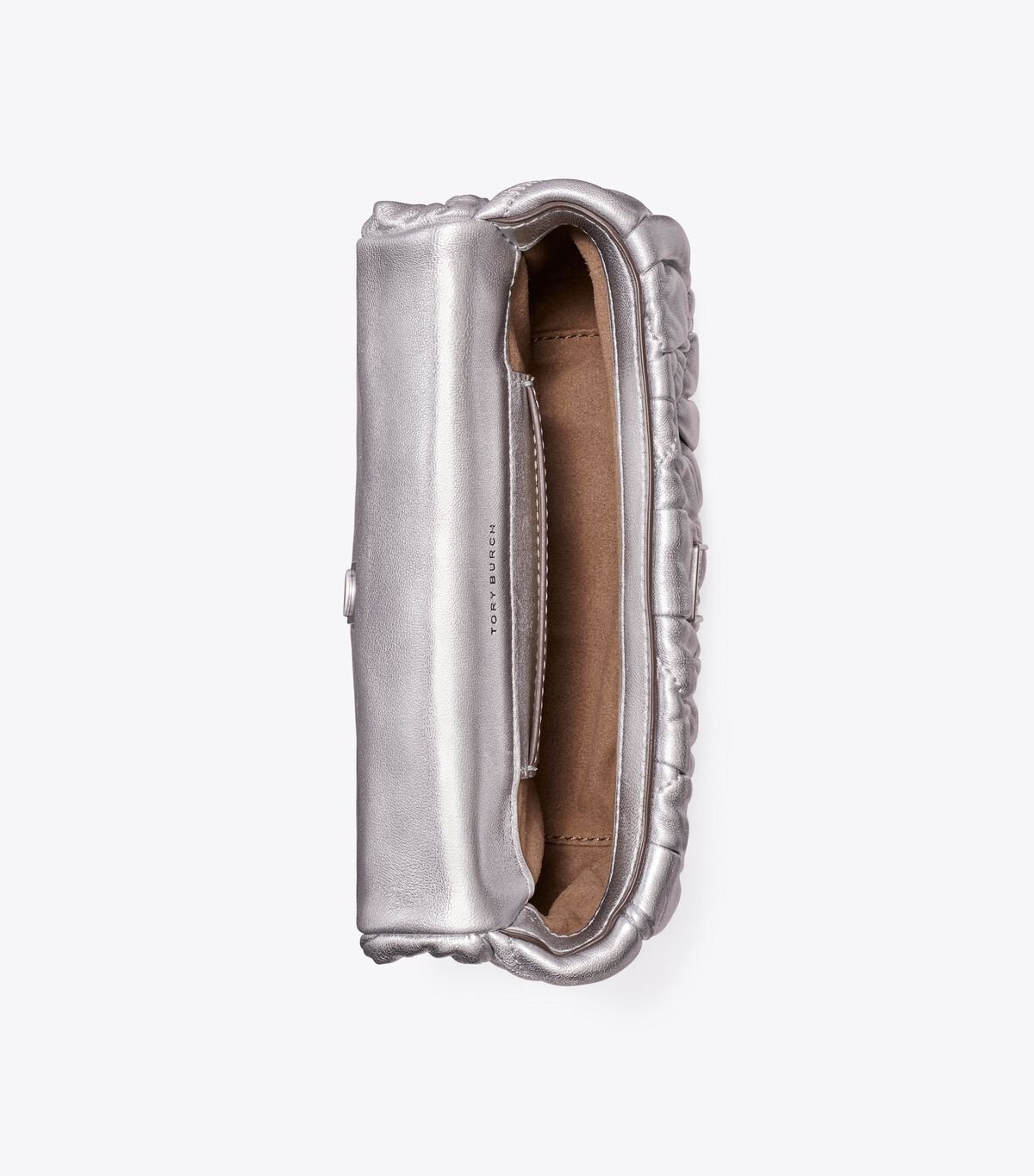 Tory Burch Silver Mini Kira Metallic Diamond Ruched Shoulder Bags