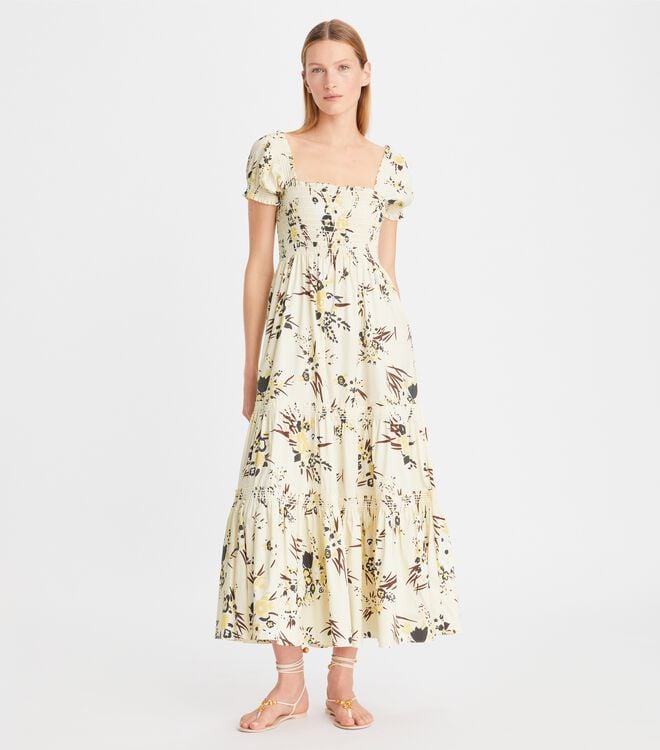Tory Burch Cream Printed Smocked Dress