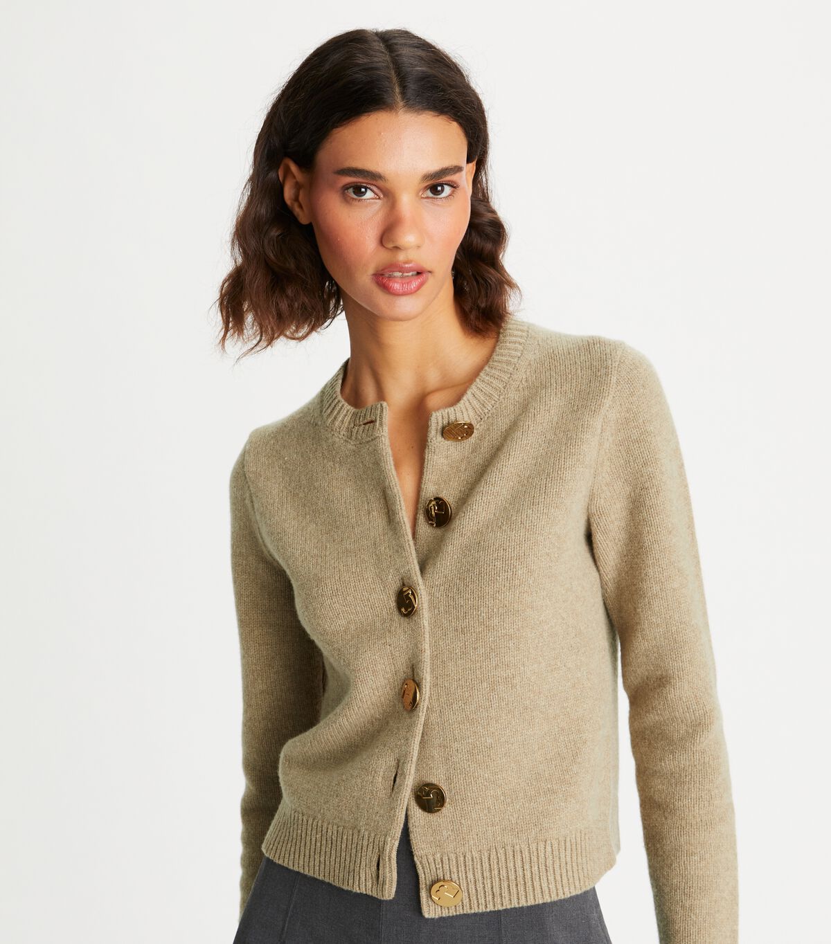 Tory Burch Beige Logo Button Wool Cardigan