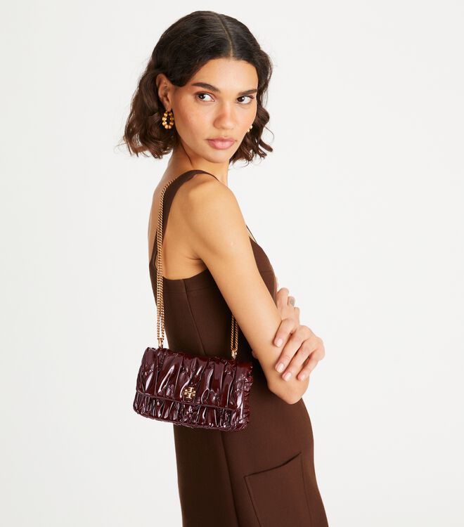 Tory Burch Burgundy Mini Kira Patent Ruched Shoulder Bags