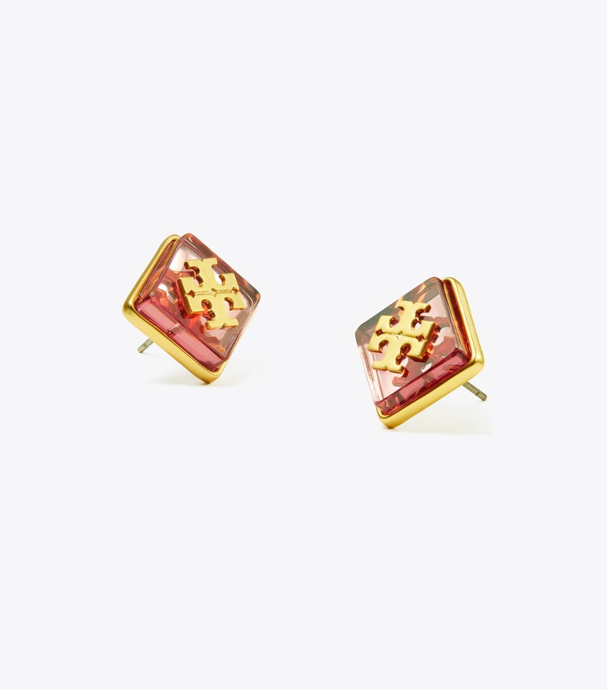 Tory Burch Gold / Pink Resin Logo Stud Earrings