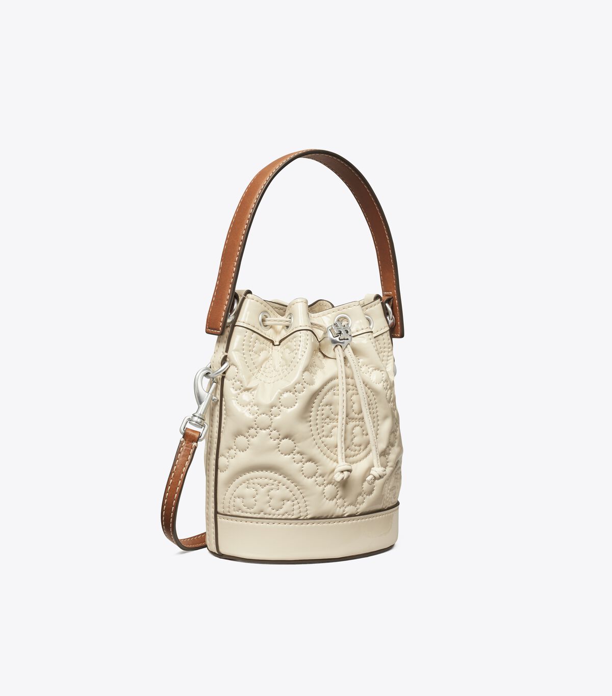 Tory Burch Light Cream Mini T Monogram Embroidered Patent Bucket Bags