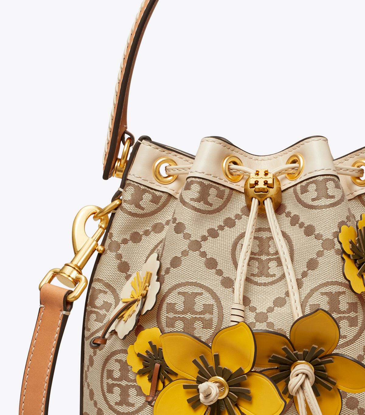 Tory Burch Brown T Monogram Braided Floral Bucket Bags