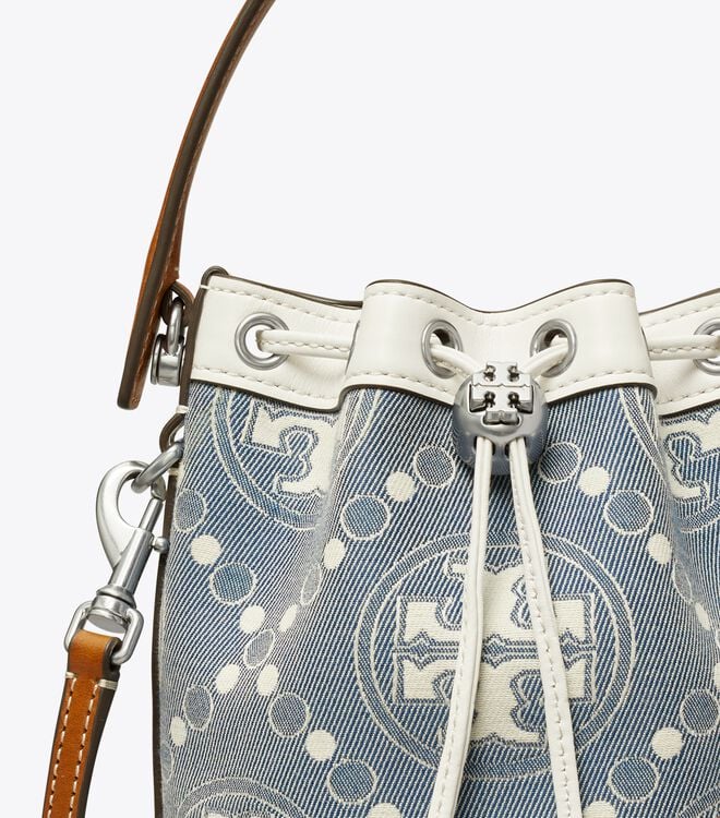 Tory Burch Blue Mini T Monogram Denim Bucket Bags