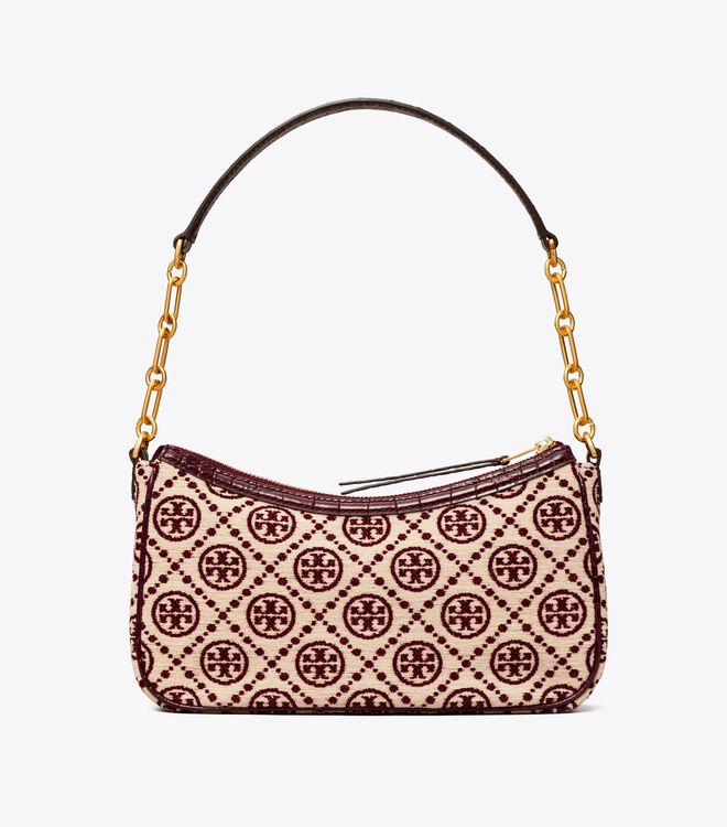 Tory Burch Claret / Cream T Monogram Chenille Shoulder Bags