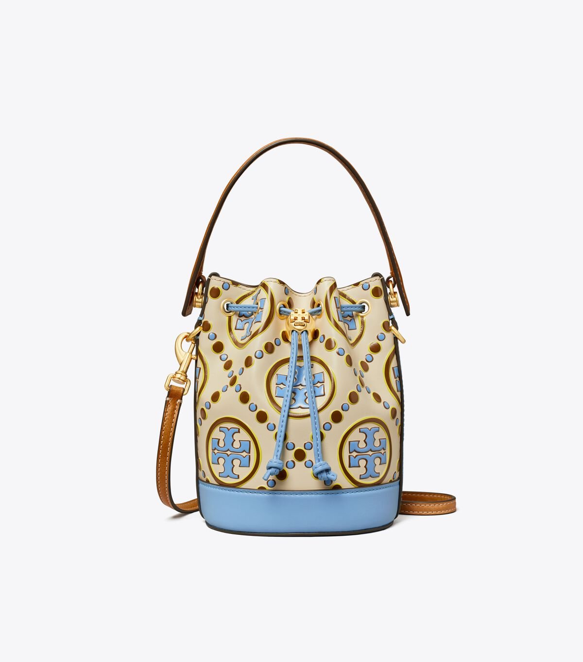 Tory Burch White / Blue Mini T Monogram Contrast Embossed Bucket Bags